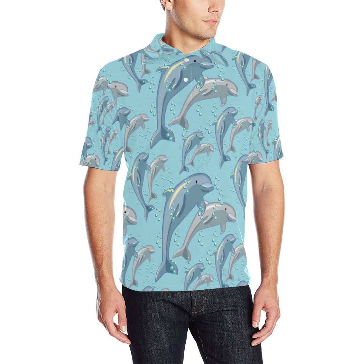 Dolphin Print Pattern Men Polo Shirt