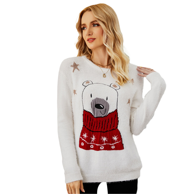 Xingqing Christmas Sweater Women Winter Cartoon Bear Print Long Sleeve Tops Pullover Cute Aesthetic Knitted Clothes Streetwear alx