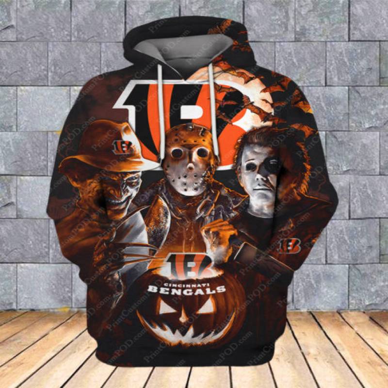 Horror Cincinnati Bengals All Over Print – Cincinnati Bengals 3D Hoodie – Cincinnati Bengals With Jason Voorhees, Freddy Krueger, Michael Myers Hoodie