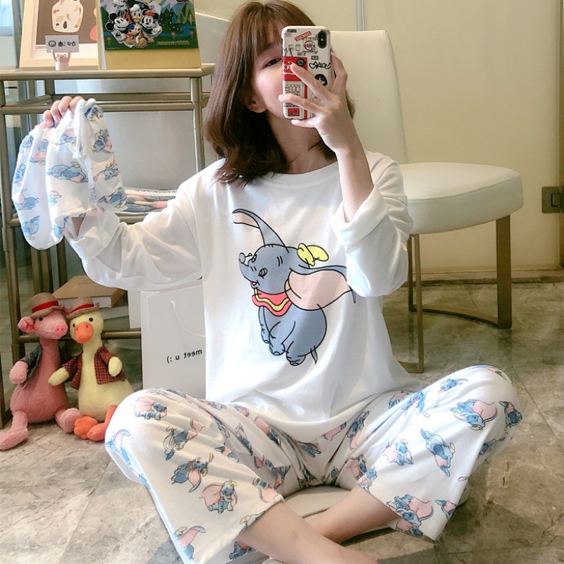 Autumn Winter Disney Dumbo Cute Kawaii Pjamas for Women Home Suits White Long Sleeve Tshirt and Print Trousers Pajamas for Sleep alx