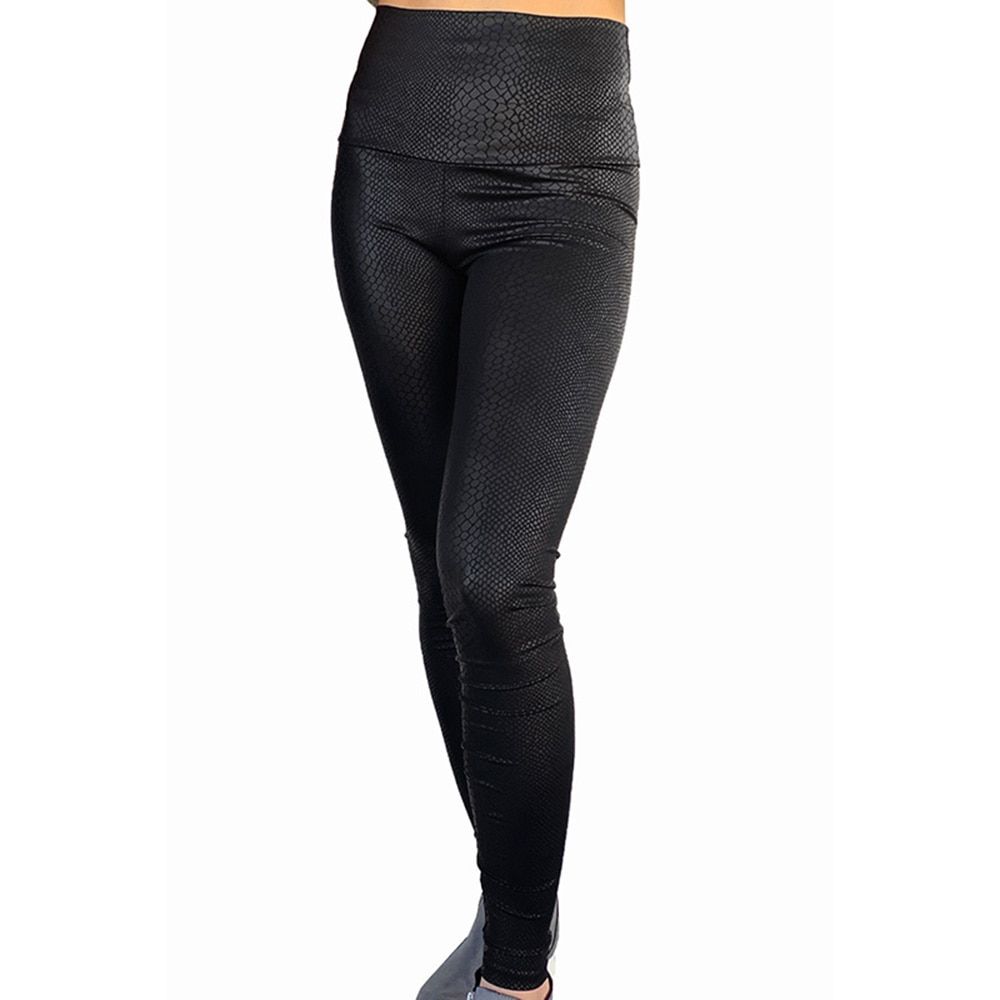 Women High Waist Black Leggings Leopard Textured Stretchy Faux Leather