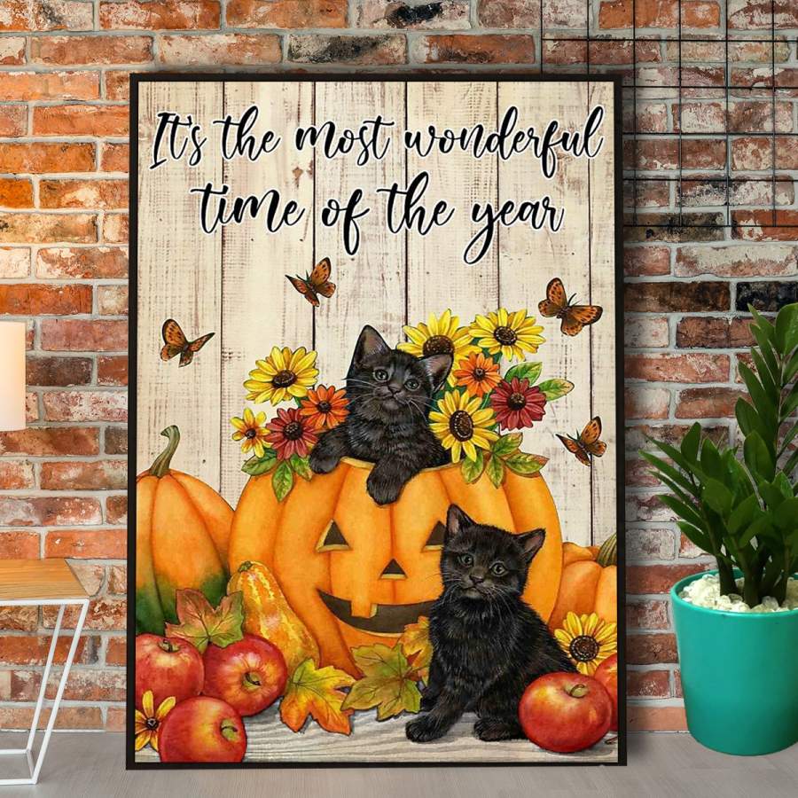 Black kittens and pumpkins it’s the  most wonderful time of the year apples butterfly paper poster no frame/ wrapped canvas wall decor full size