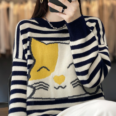 100% pure wool sweater ladies round neck striped top 2022 autumn winter new loose pullover casual knitted Korean fashion sweater alx