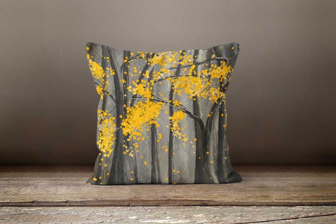 Yellow Floral Pillow, Gray Bird On Tree, Decorative Fall Pillow, Boho Bedding Home Decor, Housewarming Autumn Trend Pillow 2