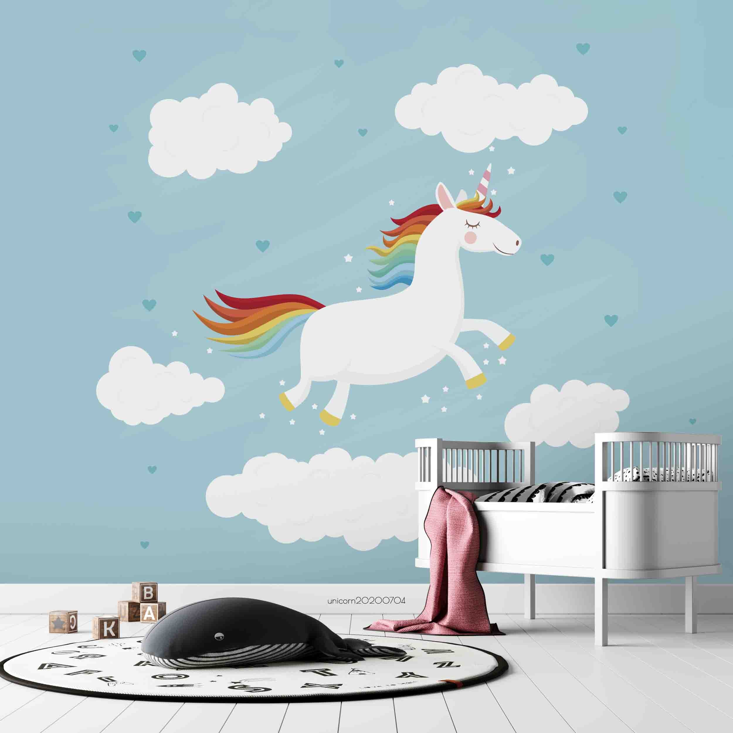 3D Cartoon Happy Unicorn Blue Wall Mural Wallpaper Lxl 187