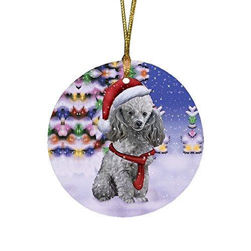 Winterland Wonderland Poodles Puppy Dog In Christmas Holiday Scenic Background Round Ornament