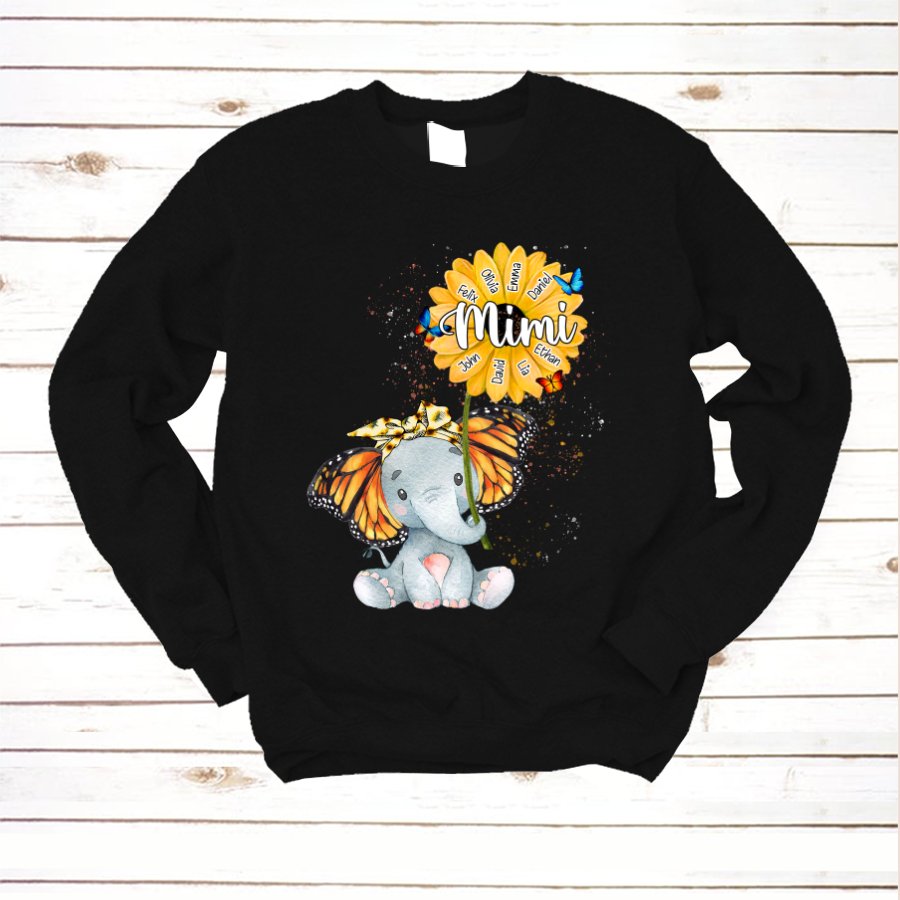 Personalized Grandma Elephant Butterfly Cute With Grandkids Sweatshirt