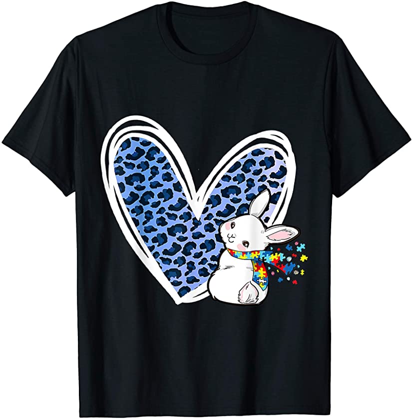 Blue Leopard Heart Easter Bunny Autism Awareness Kids Girls T-Shirt