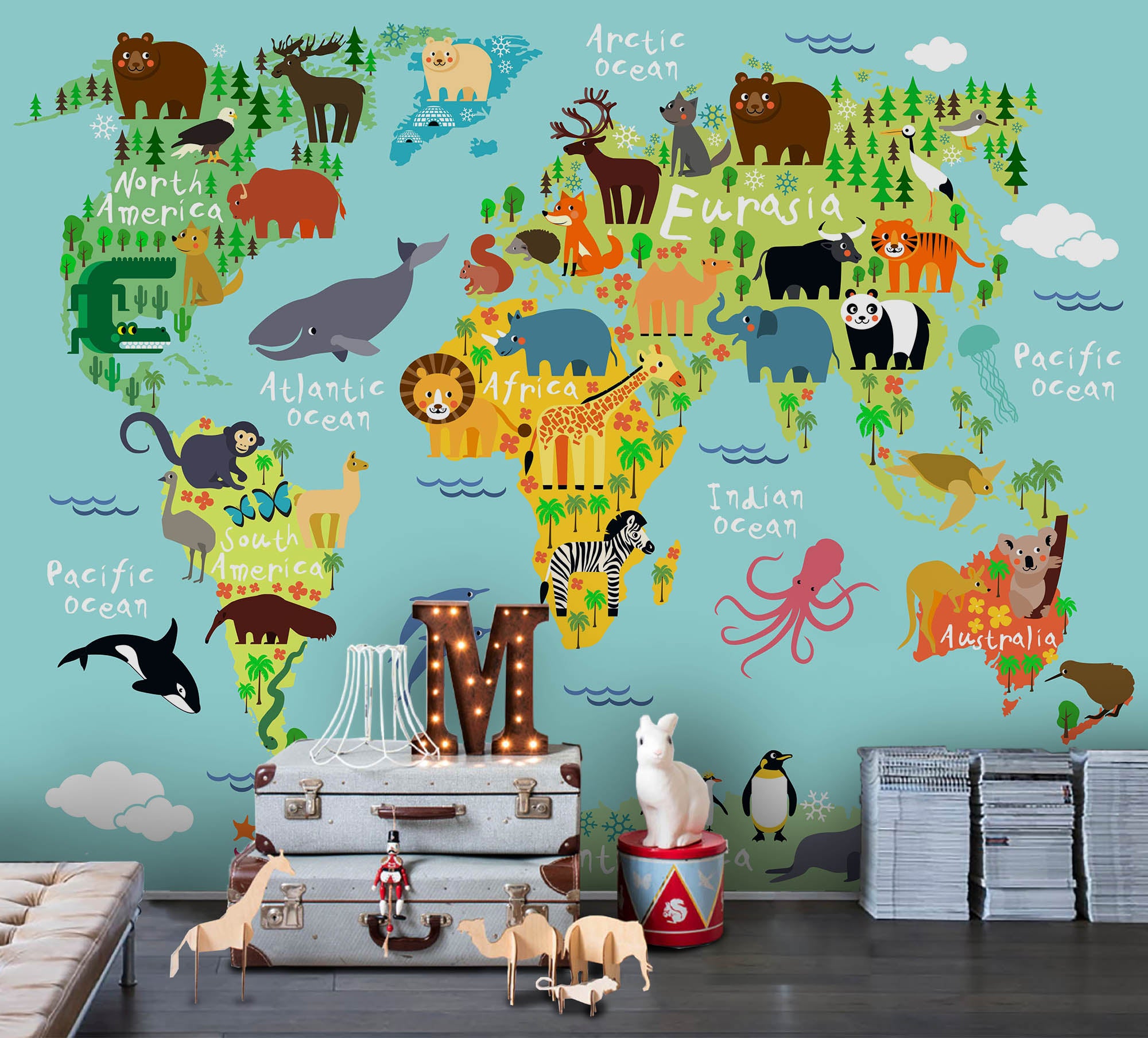 3D Cartoon Green Animal World Map Wall Mural Wallpaper Lqh 93