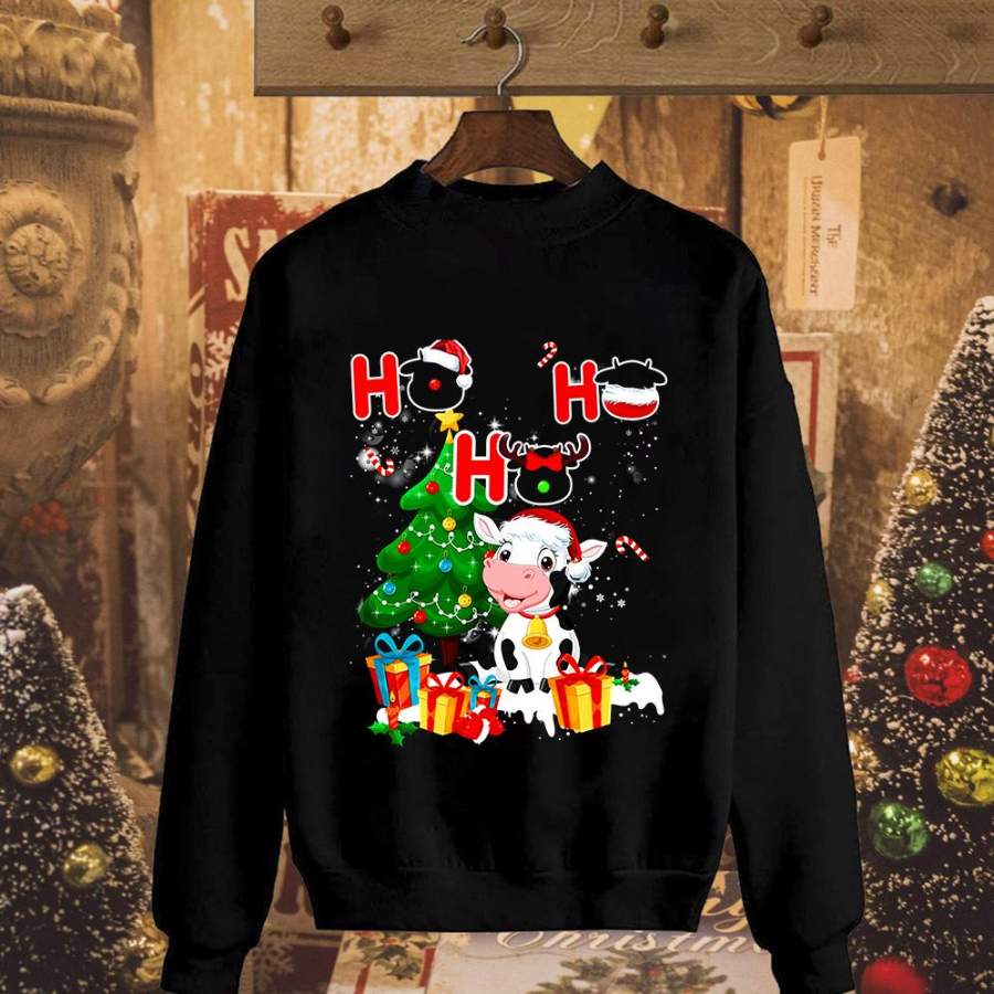 Cows ho ho ho christmas great gift xmas tree candy cane gifts merry christmas lovers black sweatshirt for men and women S-5XL