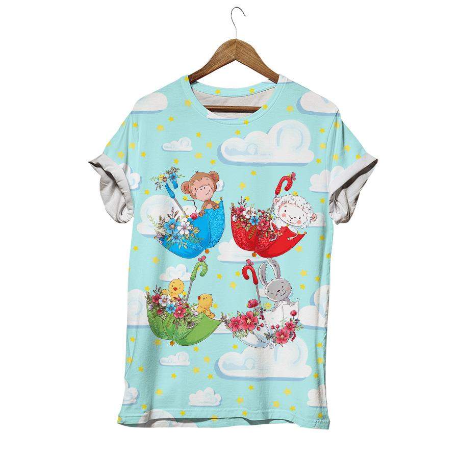 Cartoon Cute Animals Monkey Sheep Chickens And Bunny In Umbels With Flowers Monkey T-shirt