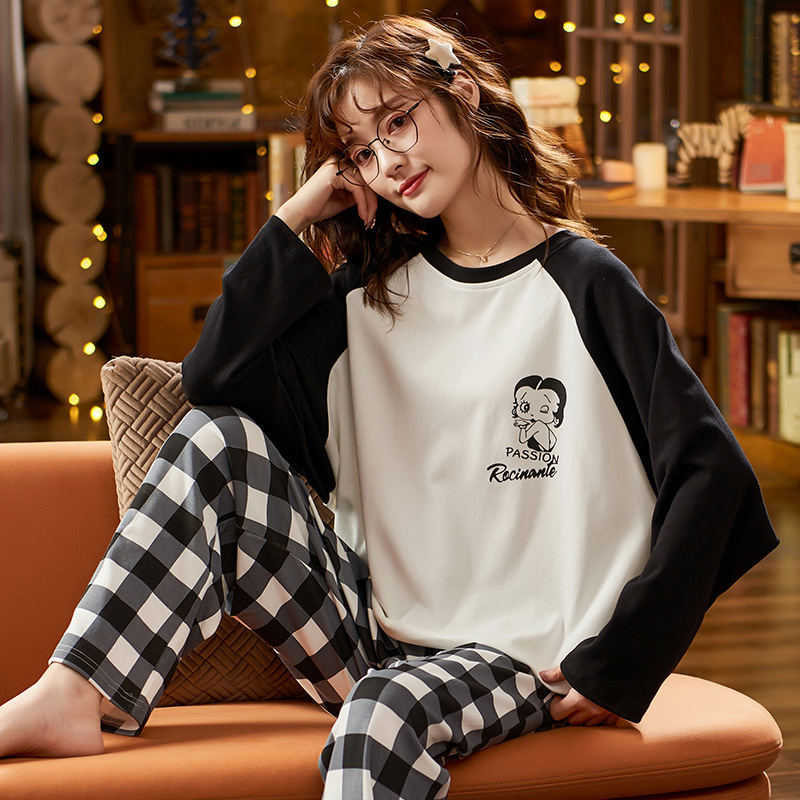 Winter Keep Warm Women Pajamas Sets Chic Oversized Cotton Sleepwear Yellow O-Neck Geometric Cartoon Long Sleeves Women Home Suit alx