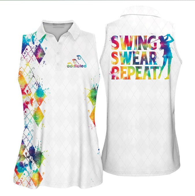 Tie-Dye Addicted Swing Swear Repeat Sleeveless Polo Shirt, Short Sleeve Polo Shirt For Women