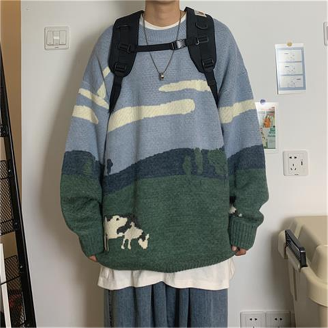 Cute Cow Cartoon Print Sweater Streetwear Autumn Anime Teen Girls Knitted Female Pullover Sweater Ulzzang Loose Knitted Tops alx