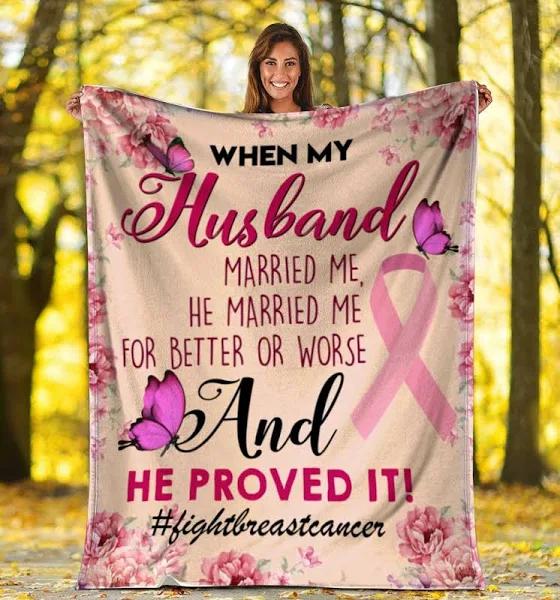 Thanksgiving My Husband Married Breast Cancer Awareness Fleece Blanket Home Decor Bedding Couch Sofa Soft And Comfy Cozy