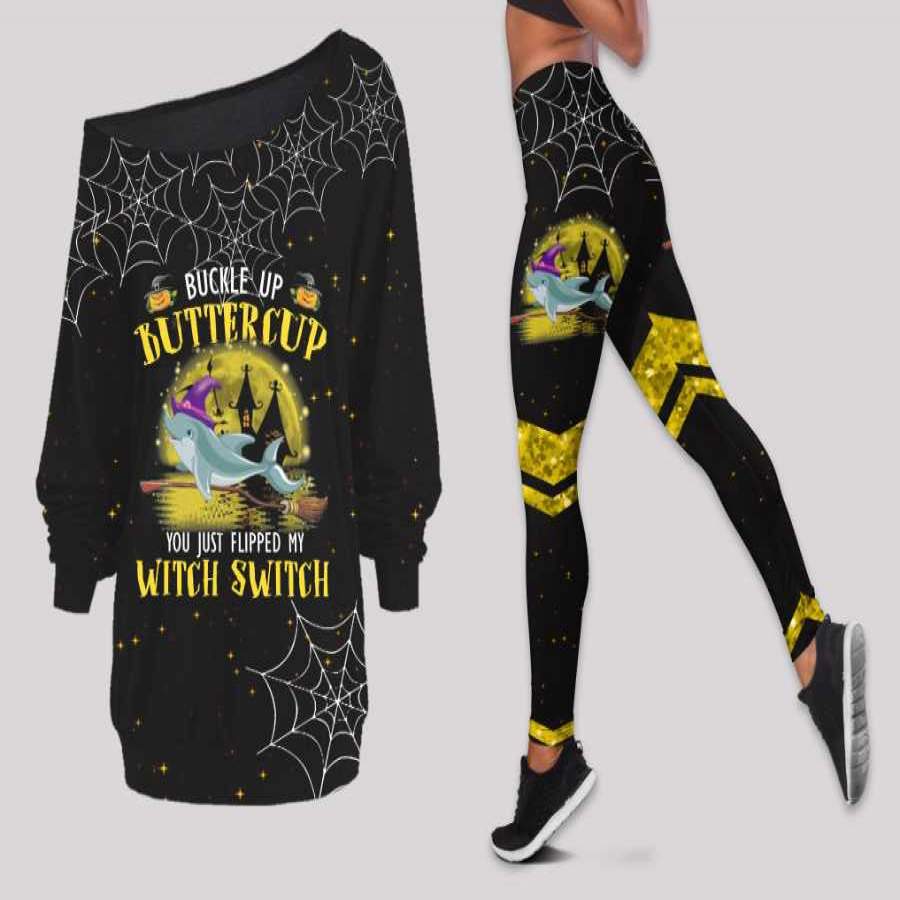 Dolphin You Just Flipped My Witch Switch Off Shoulder Long Sleeves Top and Leggings Set