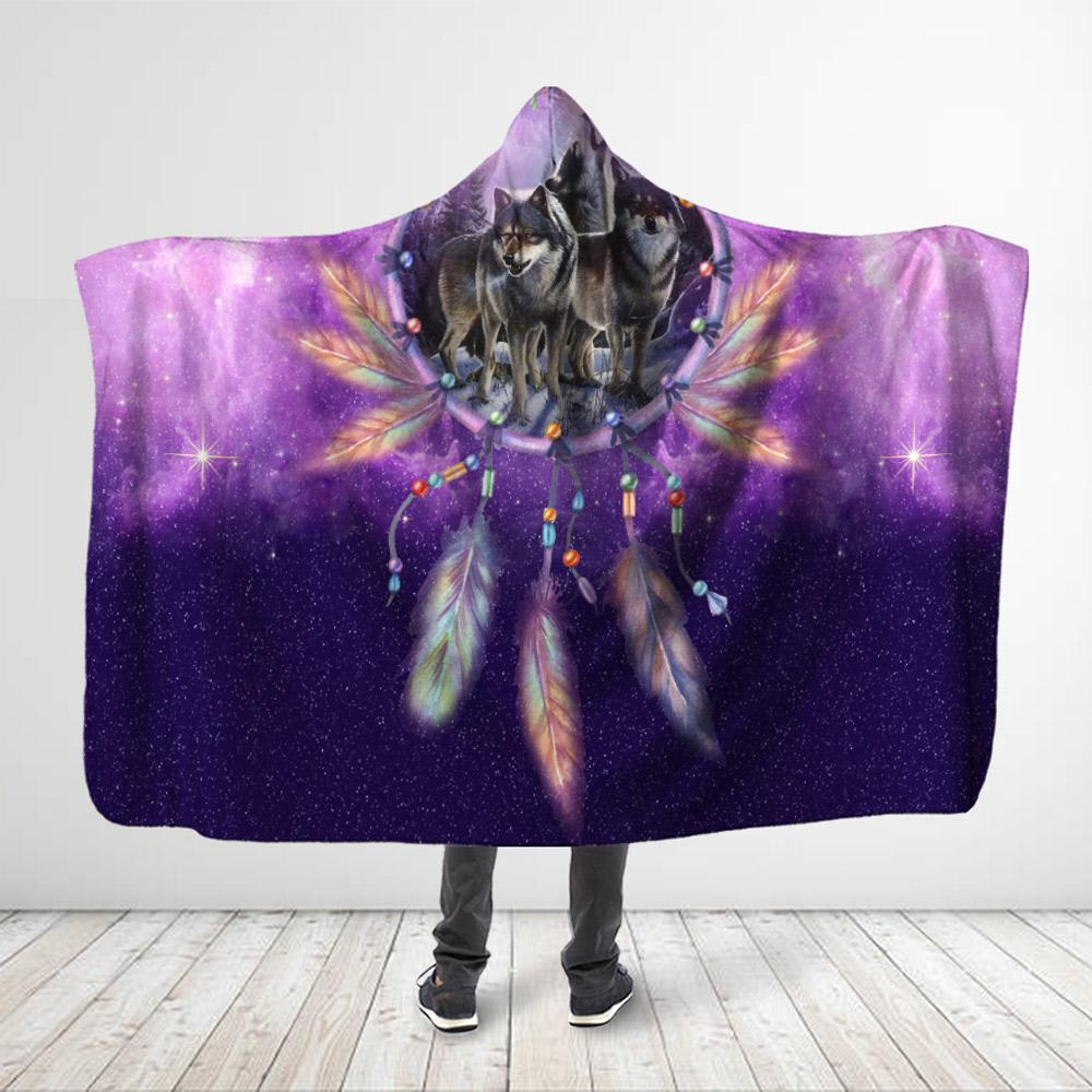 ViticStore™ Aborigine Style 3D All Over Printed Dark Gray Wolves Family Dreamcatcher – Galaxy Purple Hooded Blanket