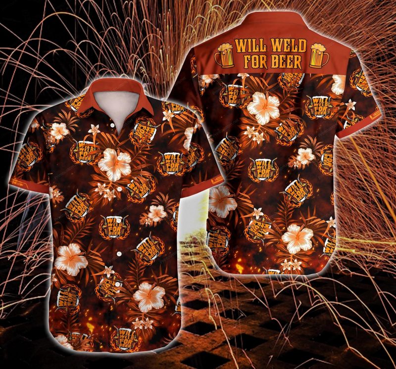 Welder Will Weld For Beer Hawaii Graphic Print Short Sleeve Hawaii Casual Shirt Ha27783