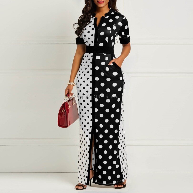 African Dresses for Women Dashiki Polka Dot African Clothes Summer White Black Printed Retro Bodycon Long Africa Dress alx