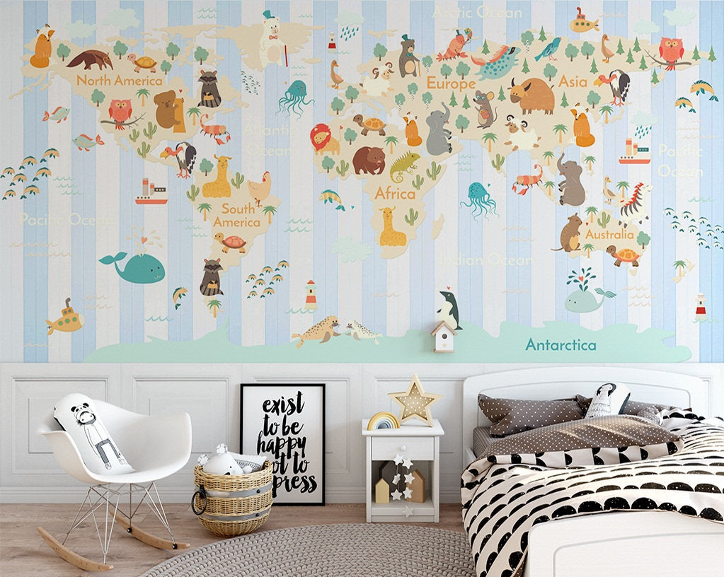 3D Kids, Cartoons, Animal, World Map Wallpaper-Nursery