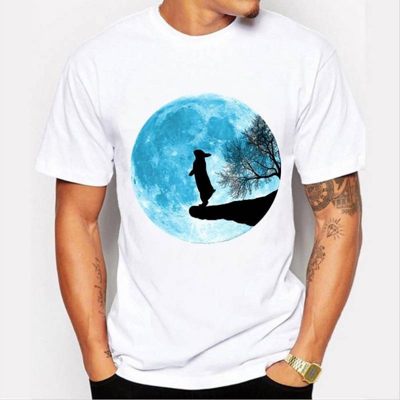 Summer men’s 3D cute rabbit moon print pattern O-neck white Casual T-shirt