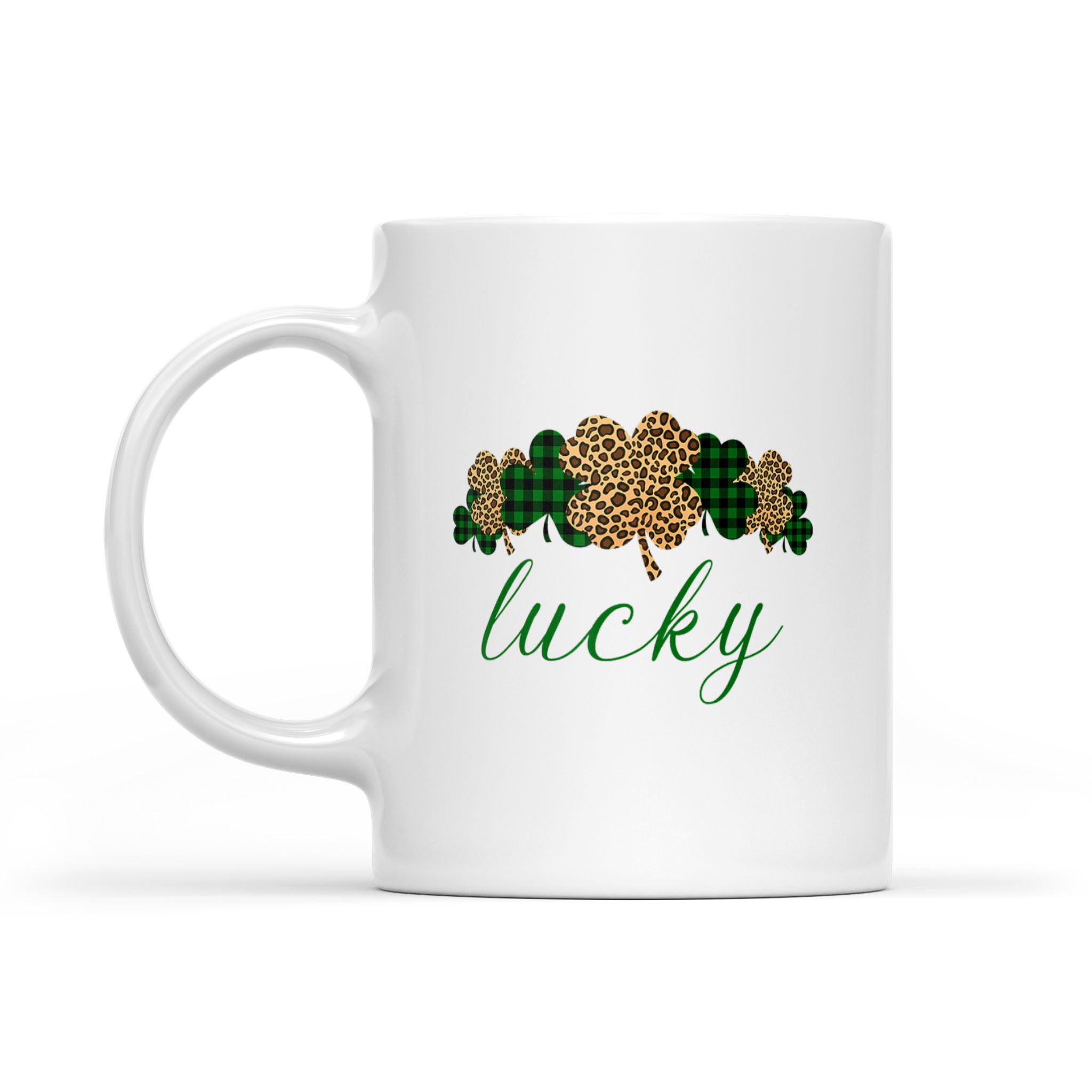 Buffalo Plaid Leopard Shamrock Clover Lucky St Patricks Day  – White Mug