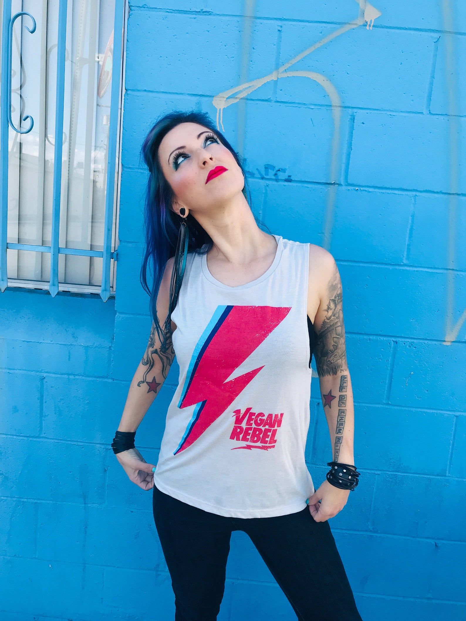 Vegan Rebel Tank – Flowy Muscle Tank Top – David Bowie Bolt Retro – Veganism Animal Activist Plant Based 70S Rocker – Vegan Power Co