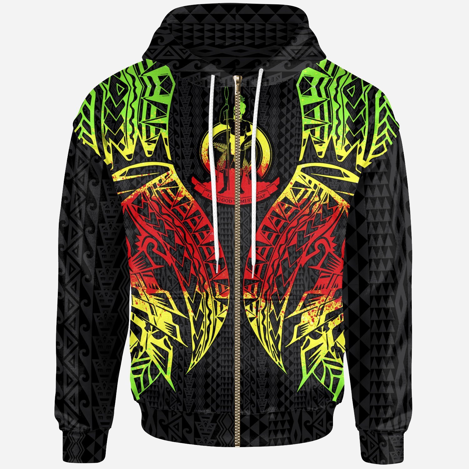 Vanuatu Zip-Up Hoodie – Polynesian Lion Head Reggae Style – Pacific Print Hoodie