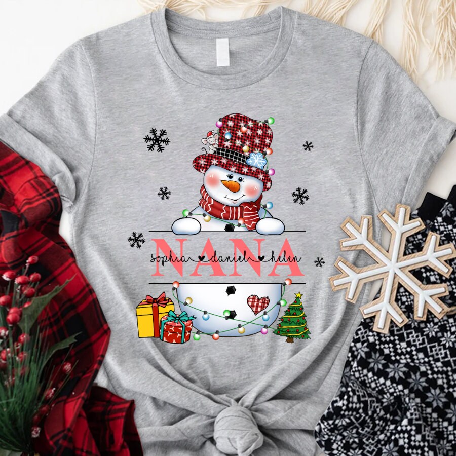 Personalized Snowman Grandma Christmas Shirt, Xmas Lights Snowman Nana Shirt Custom Name, Christmas Snowman Grandma Nana Mimi Shirt