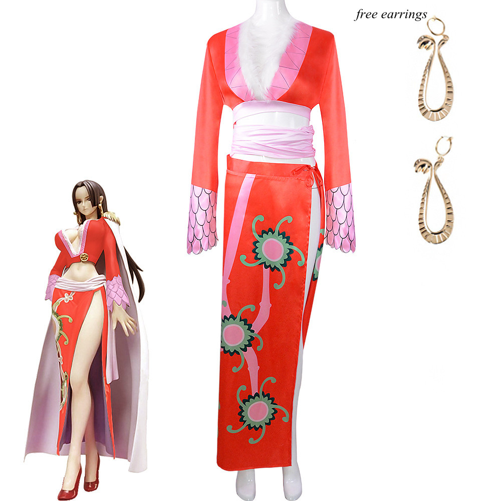 Anime ONE PIECE Boa Hancock Cosplay Costume Red Dress Women Halloween Fancy Suit Sexy Skirts Earrings Wig Top alx