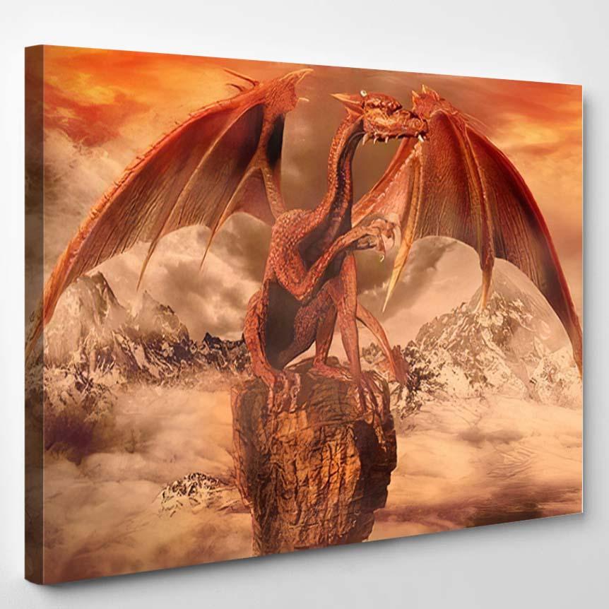 Red Dragon On Top Rock – Dragon Animals Canvas Print