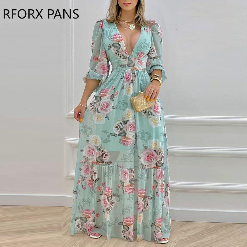 Women Elegant Deep V Neck Floral Print Ruffles Maxi A-Line Sexy Long Lantern Sleeves Dress alx