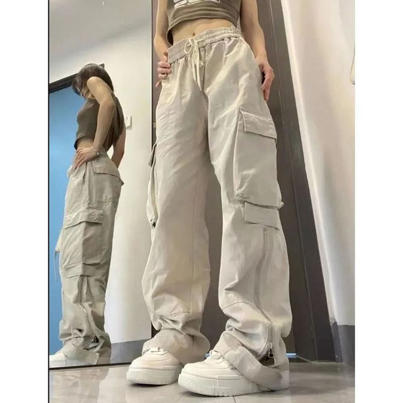 American Y2K White Vintage Cargo Jeans Fashion Pocket High Waist Straight Pants High Street Baggy Wide Leg Denim Trouser Ladies alx