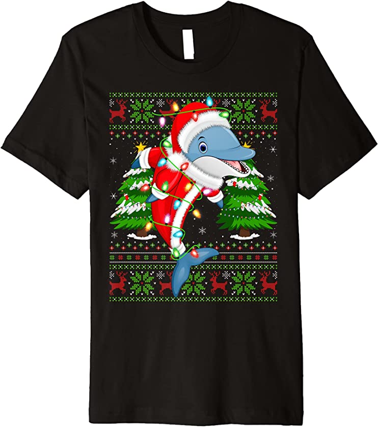 Dolphin Lover Xmas Lights Ugly Santa Dolphin Christmas Premium T-Shirt