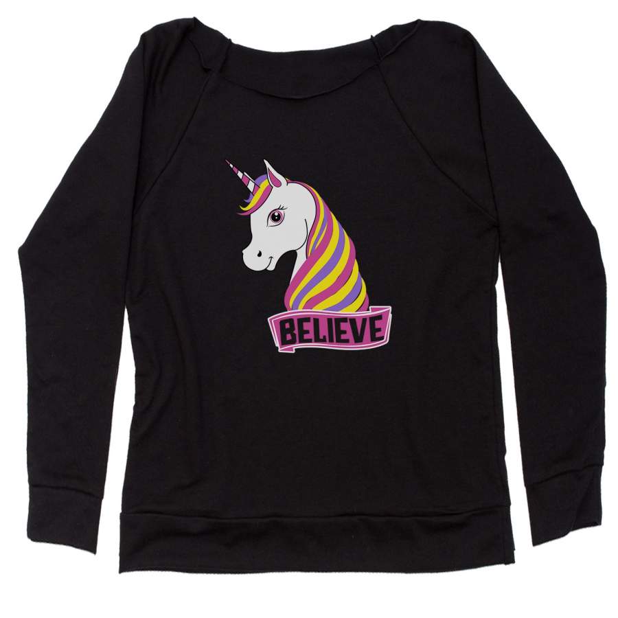 Unicorn Believe Ugly Christmas Slouchy Off Shoulder Oversized Sweatshirt