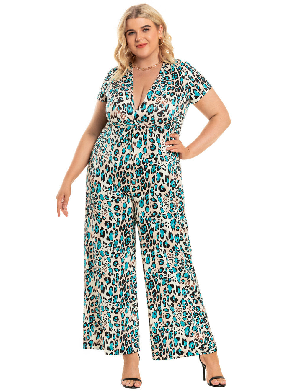 Women’S Plus Size Green Leopard Printed V-Neck Wide-Leg Jumpsuit Sq0190