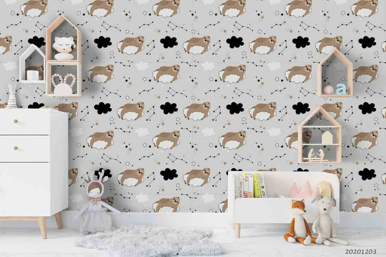 3D Cartoon Sloth Animal Black Cloud Pattern Wall Mural Wallpaper Lxl