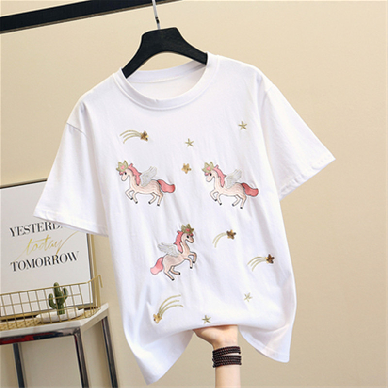 Women Luxurious Embroidery Sequins Cartoon T Shirt Lady O-Neck Short Sleeve Bow Tee Shirt Cotton Casual Tshirt Summer Female Top alx