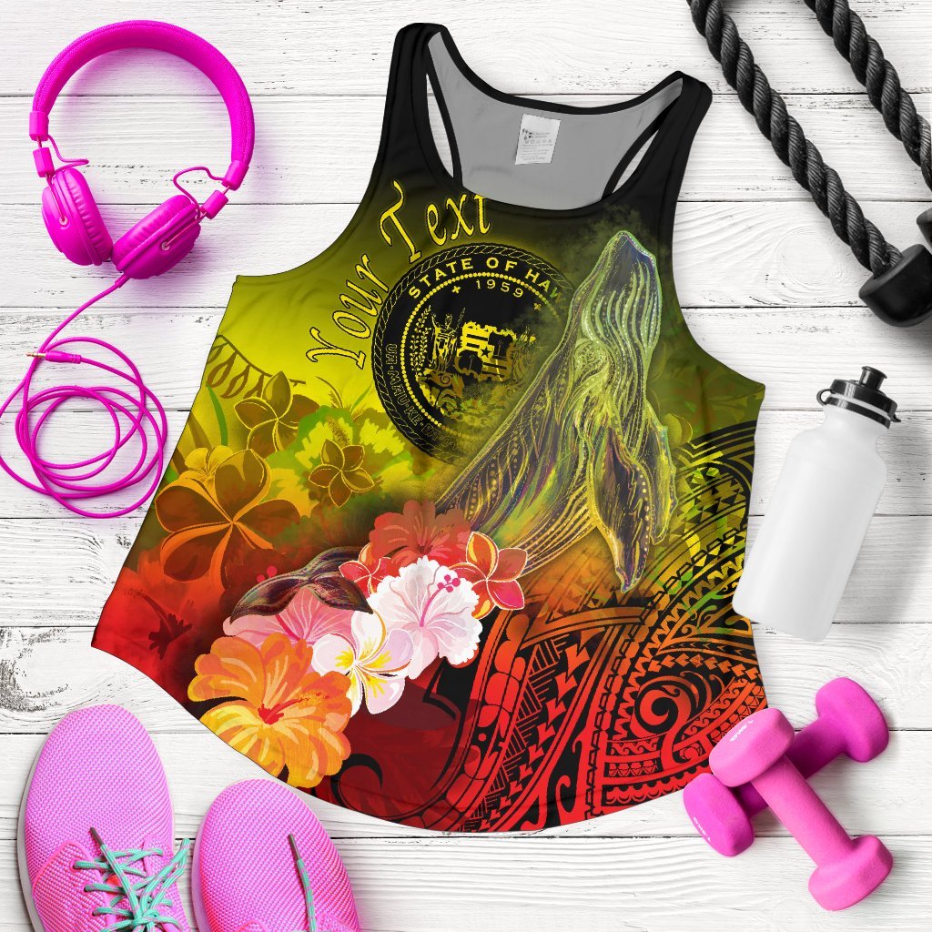 Polynesian Hawaii Custom Personalised Women’s Racerback Tank – Humpback Whale with Tropical Flowers (Yellow)- BN18