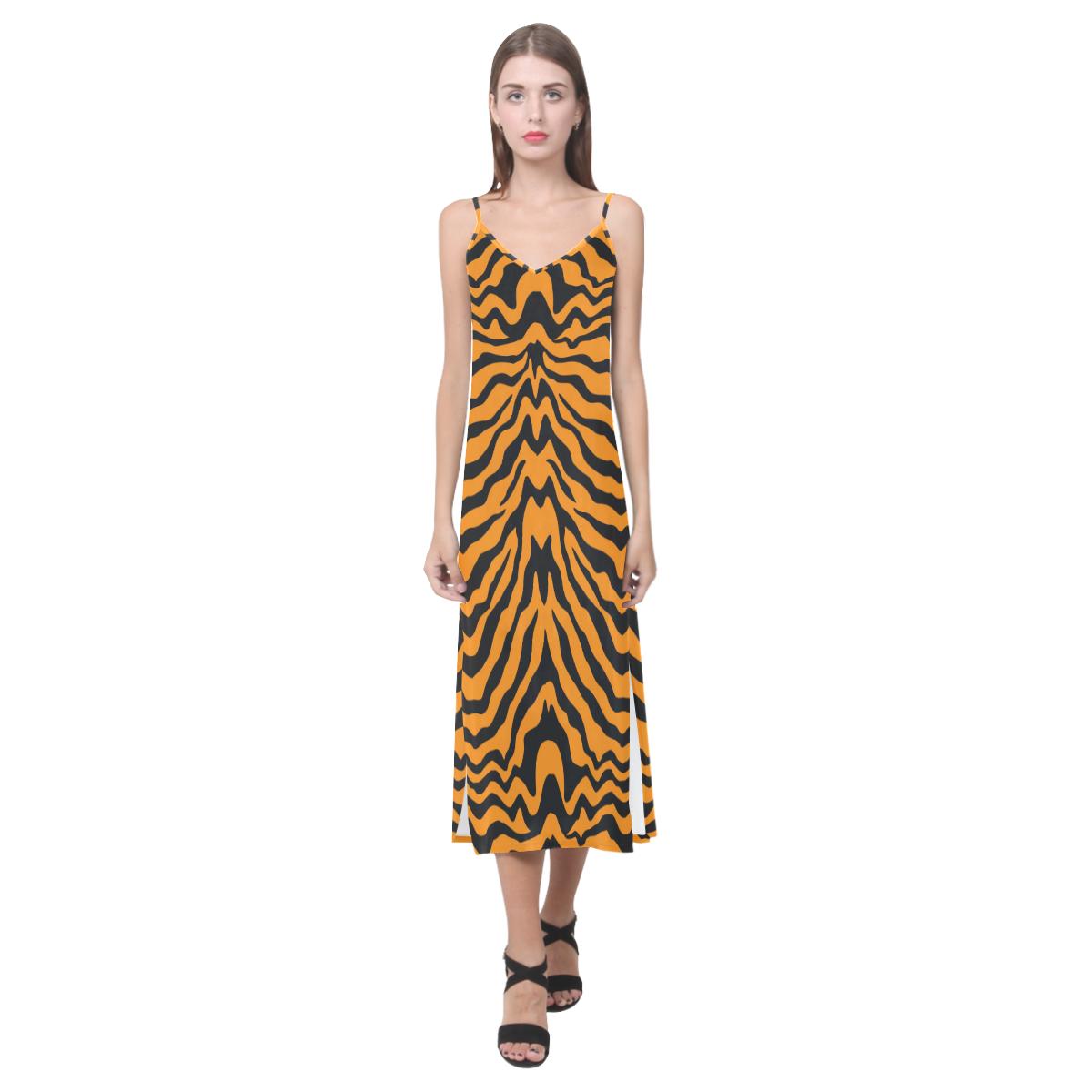 Bengal tigers skin print pattern V-Neck Open Fork Long Dress