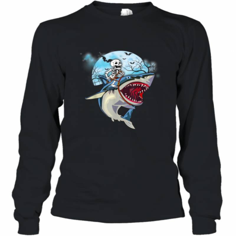 Skeleton Riding Shark Funny Halloween shirt Long Sleeve T-Shirt