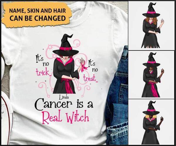 It’S No Trick It’S No Treat Cancer Is A Real Witch Personalzied Shirt Breast Cancer Awareness Halloween Gift Sh-00519-Ctha
