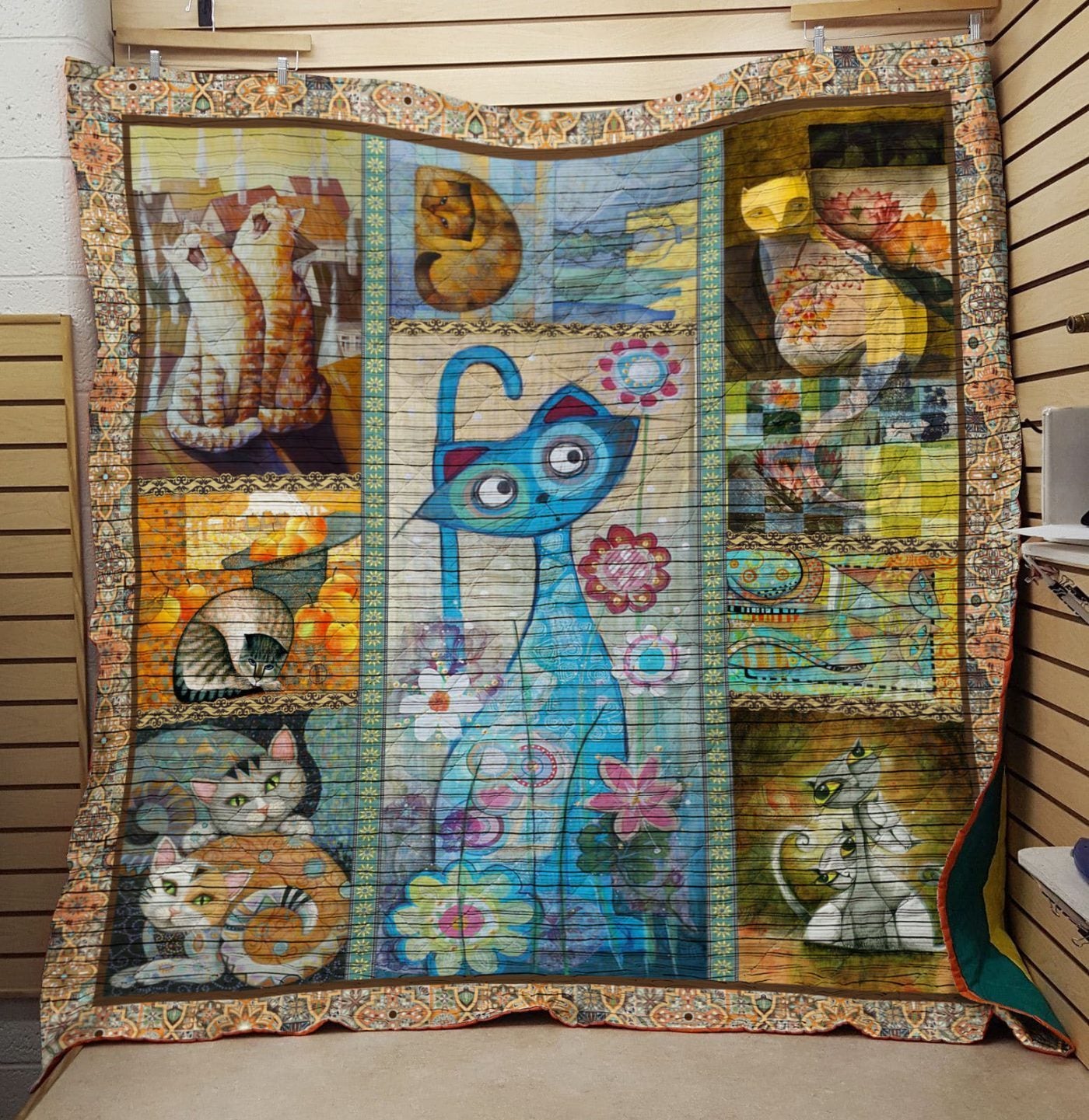 The Blue Cat Cat And Flowers Kitten Love Quilt Blanket