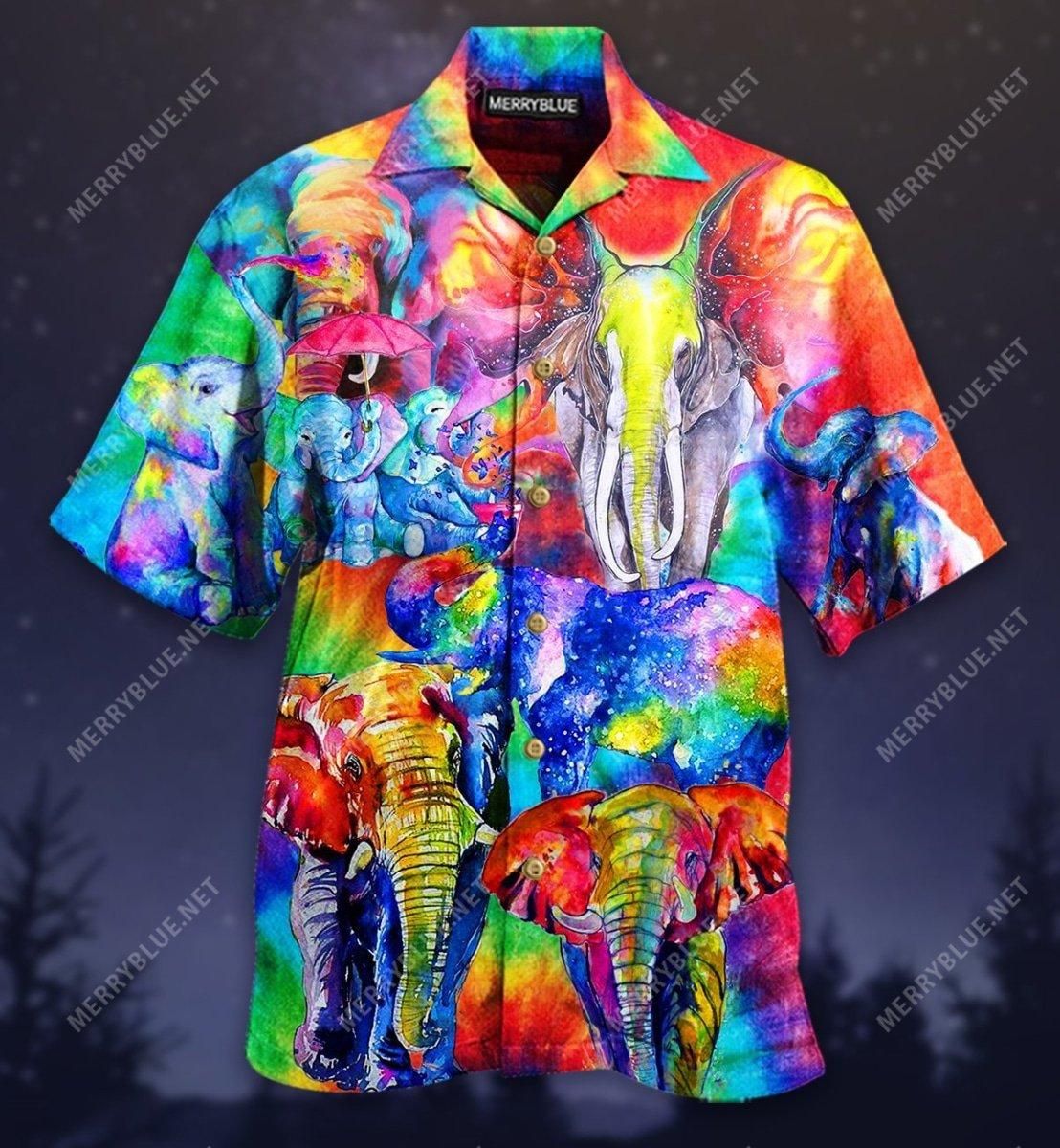 Happy Rainbow Elephant Family Aloha Hawaiian Shirt Colorful Short Sleeve Summer Beach Casual Shirt For Men And Women