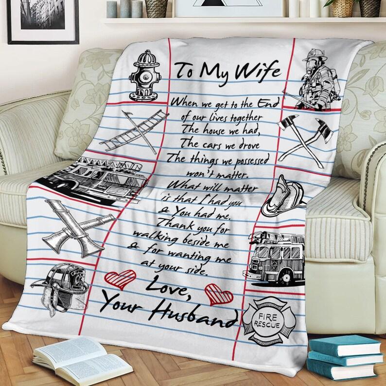 To My Wife Blanket From Husband, Firefighter Blanket, Fireman Blanket,Love Letter Quilt Gift For Wife Family Home Decor Bedding Couch Sofa Soft And Comfy Cozy