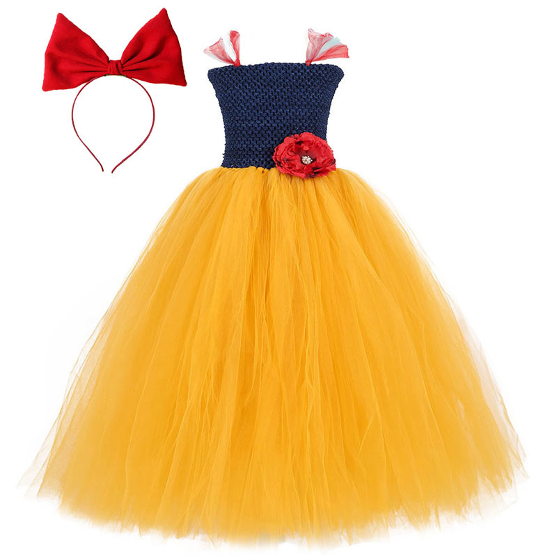 Snow White Princess Long Dress Girls Princess Snowwhite Cosplay Costumes for Kids Halloween New Year Dresses with Bow Headband alx