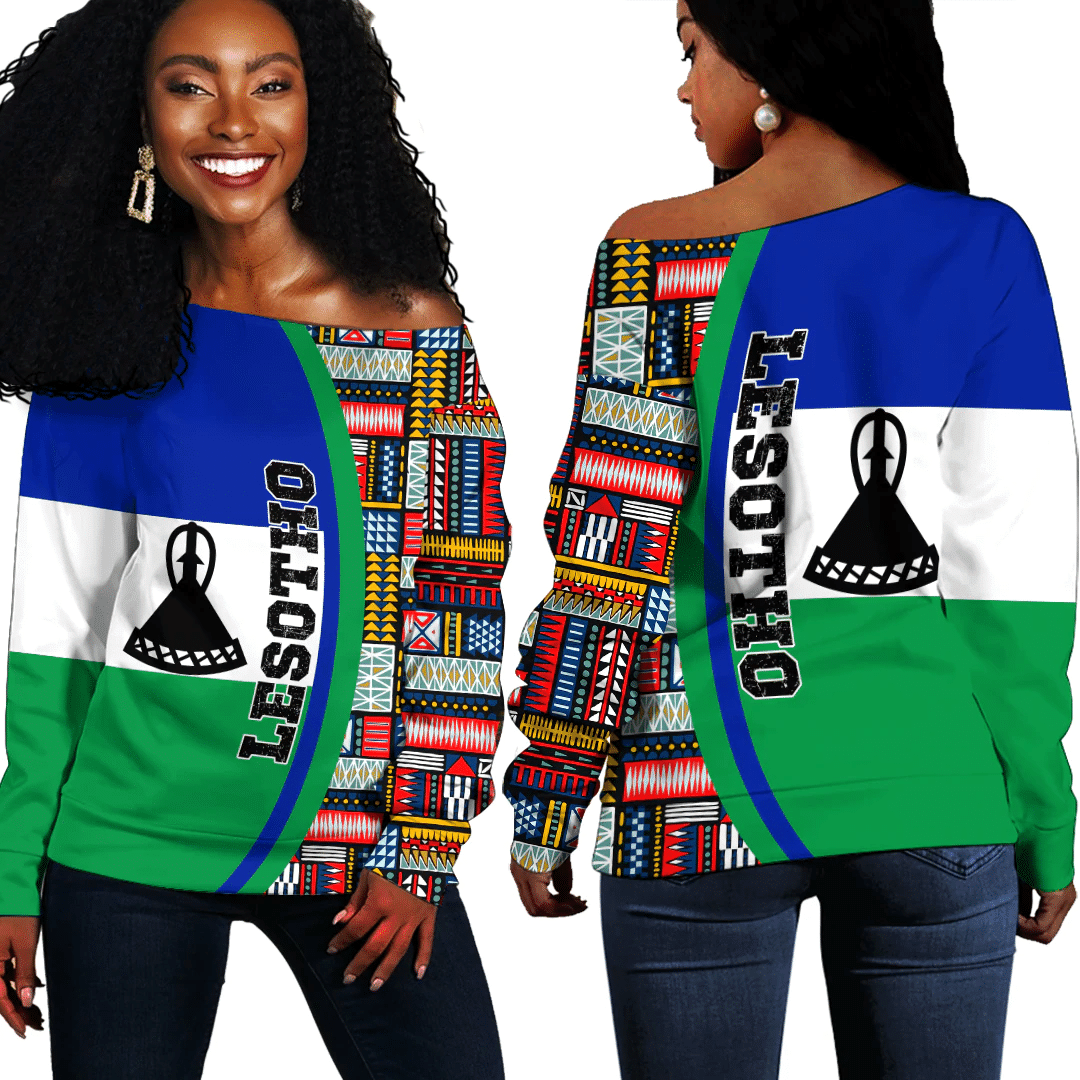 Africazone Clothing – Lesotho Flag And Kente Pattern Special Women’S Off Shoulder Sweaters A35