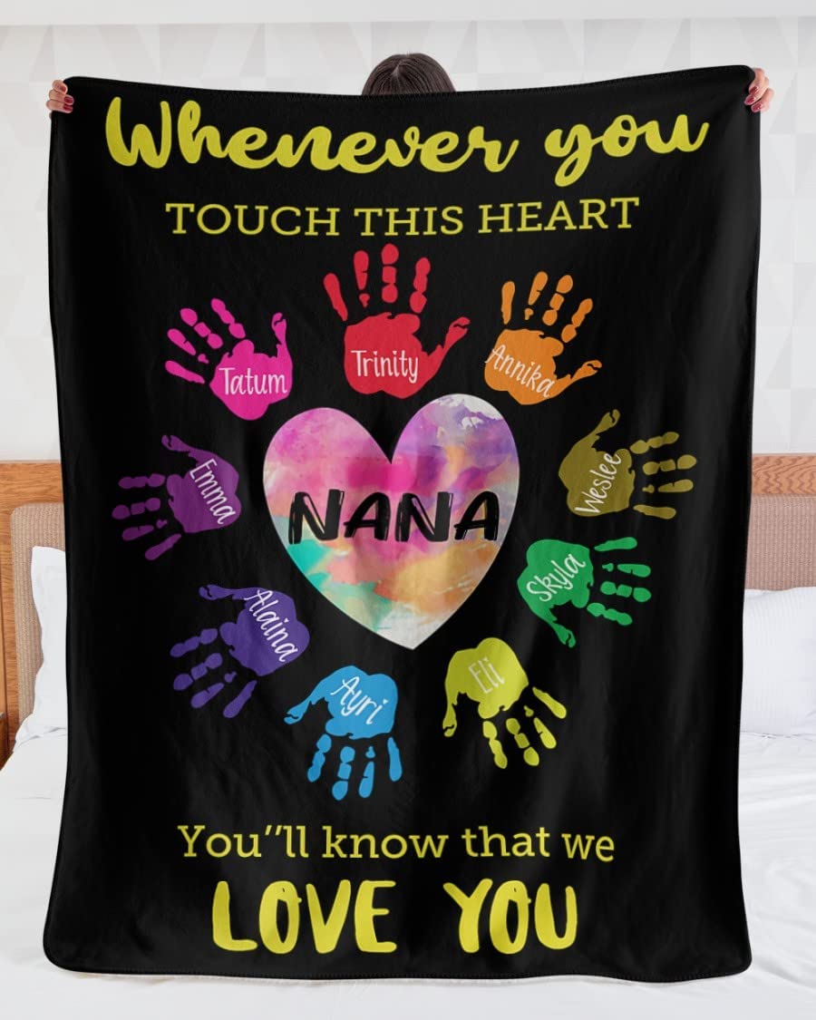 Nana Gift Blanket, Nana Grandkids Heart Colorful Hands Blanket, Customized Gifts For Grandma Nana Mimi Birthday Mothers Day Christmas Gifts