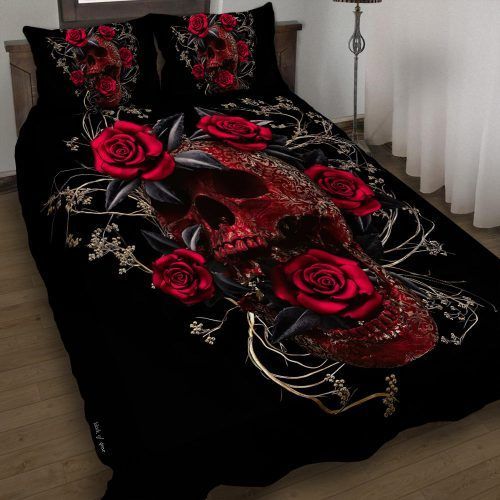 50DDTSKU-Rose Flowers Sugar Skull Quilt Bed Set