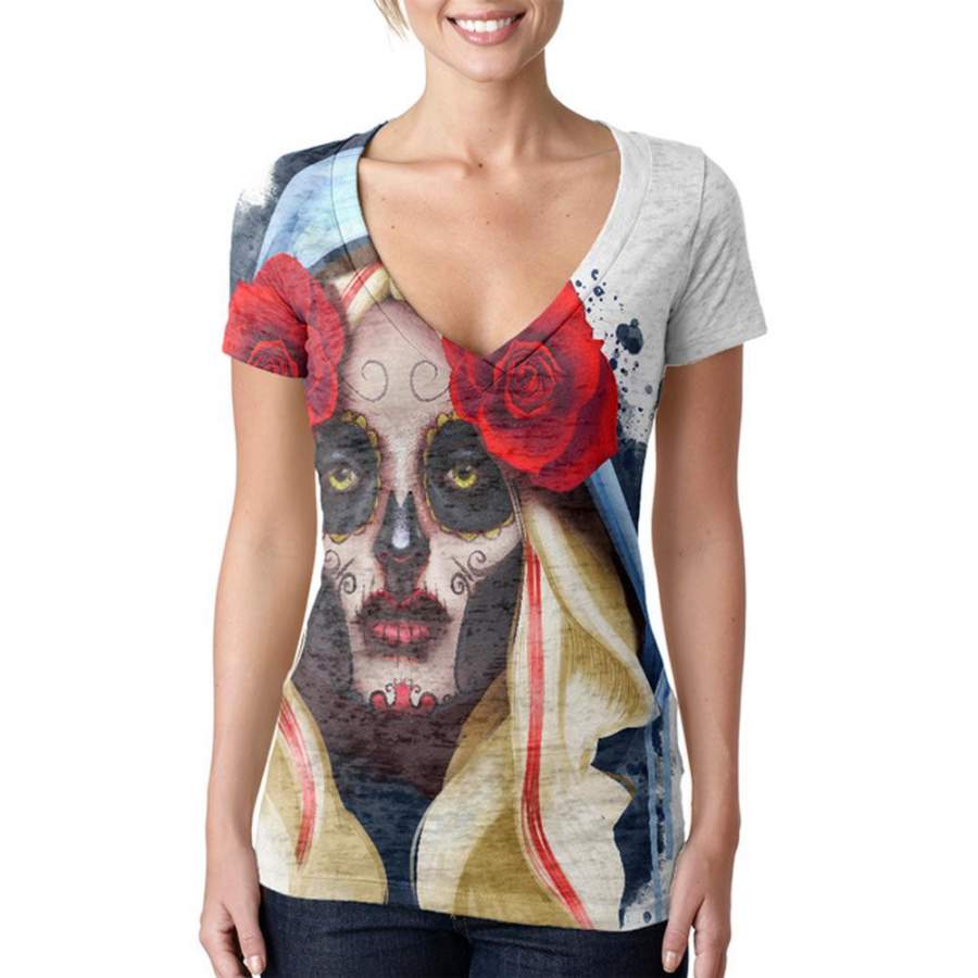 Candy Skull Girl Deadly Kiss Juniors Burnout V-Neck T-Shirt